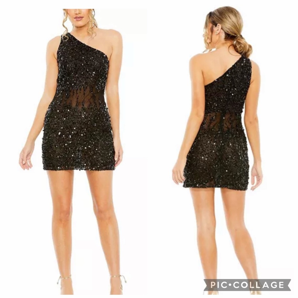 💕NWT MAC DUGGAL💕PROM  Black One Shoulder Sequined Mesh Minidress size 4 10977
